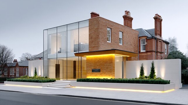 A modern glass extension on a traditional Victorian house, "Old meets New" architecture, sunset