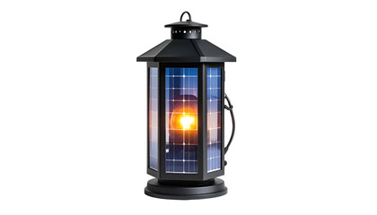 Black, solar-powered lantern; glass panels reflect a sunset