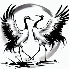 Fototapeta premium 夫婦鶴と円形フレームの墨絵 飛翔と繁栄のシンボル 和柄グラフィック素材 AI-generated using DALL·E3