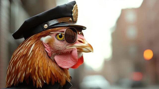 Funny chicken dressed as a cop standing on a city street, representing a surreal law enforcement concept