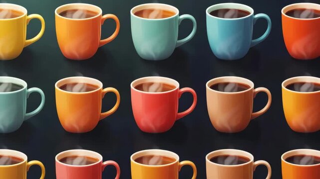 Multiple colorful mugs with hot steaming coffee moving in a seamless looping pattern on a dark background