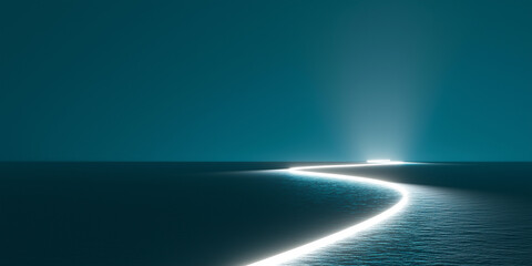 Curved glowing light pathway on water