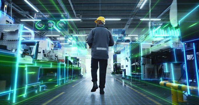 Factory Technician Walks in Manufacturing Facility with AI Data Overlays Scan Equipment, Digital Diagnostics. Visualization of Smart Machines, Monitoring Dashboards, Optimization of Production