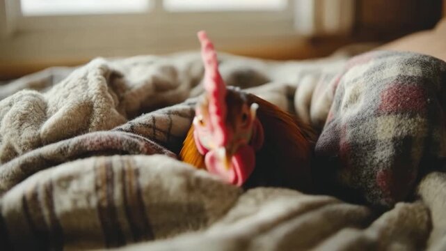 Brown rooster with a red comb snuggling and getting comfortable in a soft plaid blanket indoors