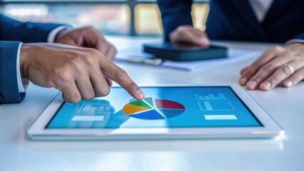 financial scenario analysis. Collaboration on a digital tablet displaying business data and charts during a meeting.