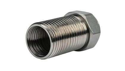 Metallic cylindrical fitting with male and female threaded ends and hexagonal nut