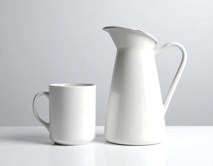 Elegant white pitcher and mug duo, capturing minimalist kitchen essentials