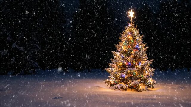 Set in a snowy hamlet and northern lights scene, this decorated outdoor Christmas tree shines with yellow, red lights and gold ornaments under a star-studded crown, creating a magical triumph