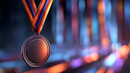 Emblem of Triumph and Dedication: A close-up shot showcases a medal, gleaming with a timeless elegance, suspended by a vibrant ribbon. Symbolizing victory, honor, and perseverance.