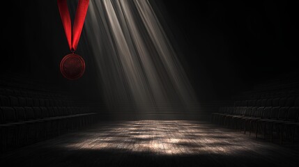 Medal in Spotlight: The spotlight shines on a singular medal suspended from a red ribbon, creating an atmosphere of anticipation and reward against the darkness