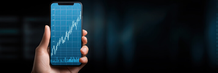 Hand holding smartphone displaying upward financial trading chart demonstrating mobile investment application technology.