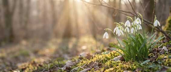 Snowdrops grow in a forest as sunlight shines down, created AI