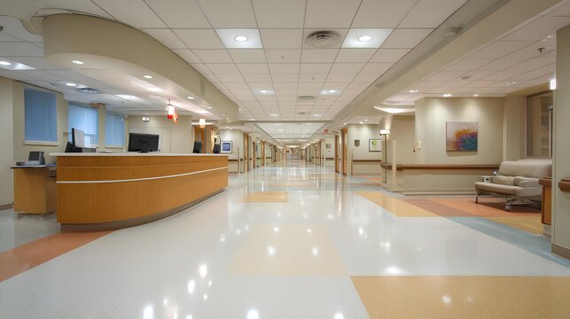 Hospital Hallway: An immaculate and inviting hospital hallway stretches into the distance, with a reception desk and seating area along the way, suggesting care, cleanliness, and a sense of calm.