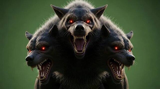 Fierce three-headed dog with glowing red eyes and bared teeth, menacing mythical creature.