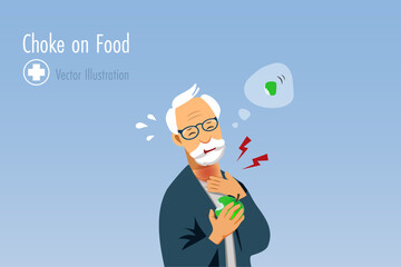 Elderly man choking on food. Senior man holding apple with apple piece stuck in throat. Foreign body aspiration obstruction. Vector.