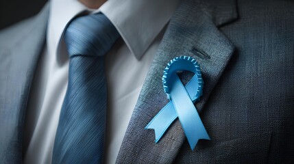 Dapper in Blue: A man in a tailored suit and tie, adorned with a symbolic blue ribbon, symbolizing awareness and support for an important cause.