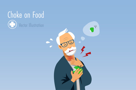 Elderly man choking on food. Senior man holding apple with apple piece stuck in throat. Foreign body aspiration obstruction. Vector.