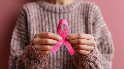 Pink Ribbon Support: A person delicately holds a pink ribbon, symbolizing solidarity and raising awareness for the fight against breast cancer. A poignant representation of support, hope.