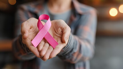 Pink Ribbon Hope: A person delicately cradles a pink ribbon, a symbol of hope and support, emphasizing awareness and solidarity in the fight against a disease.