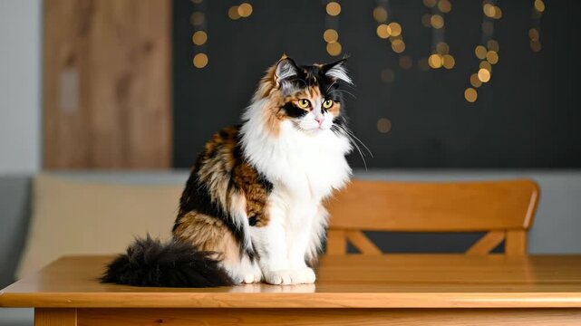 Beautiful calico cat with fluffy fur sitting on a wooden table indoors