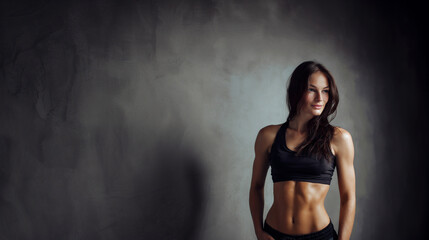 Obraz premium a strong athletic girl showing toned abs, fitness model posing for healthy lifestyle, powerful young woman in sportswear