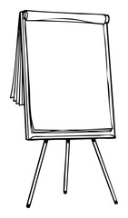 A simple black outline drawing of a blank flip chart on a tripod stand, perfect for visualizing ideas, presenting information, or teaching concepts in business and education environments.