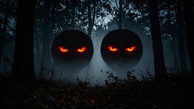 Mysterious dark fluffy creatures with glowing red eyes in a foggy forest at night