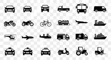 Collection of diverse transportation vehicle icons on transparent background.