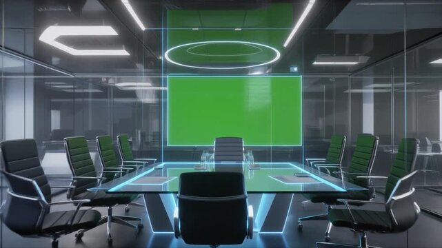 conference room with chairs, with a screen that has a greenscreen
