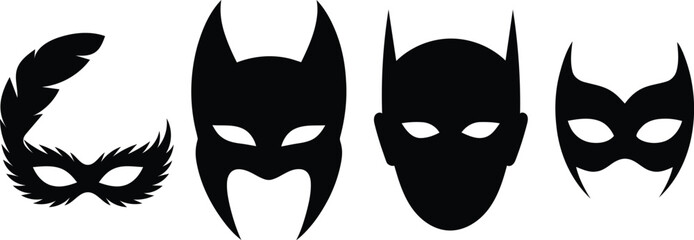 Collection of four distinct black silhouette masks including a feather masquerade mask superhero cowl and cat ear design © MDmamun