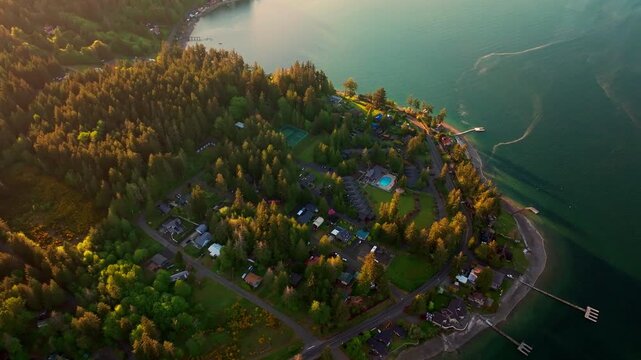 drone aerial of Hood Canal in Olympic National Park, Washington. Fjord-like coastline, calm water, evergreen forests and mountains define a serene Pacific Northwest landscape.