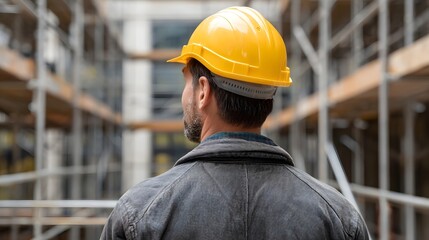 Construction worker wearing a yellow hard hat stands at a building site surveying the scaffolding structure around him