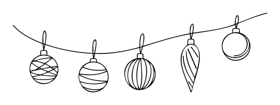 Simple hand drawn black outline festive Christmas ornaments garland hanging gracefully for holiday season celebrations winter event announcements or merry greeting visuals