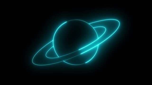 glowing neon planet icon isolated on black background. planet icon with orbiting rings in glowing lines on futuristic science and technology concepts. 4k video animation.