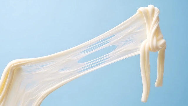 a string of delicate, fresh, stretchy Hokkaido milk cheese curds (like mozzarella), being pulled apart to reveal perfect, shiny fibers