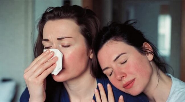 Women have the flu and a runny nose, and feel sick and cold..4k high quality video