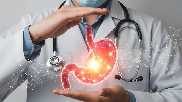 Doctor holding glowing stomach model highlighting digestive health issues