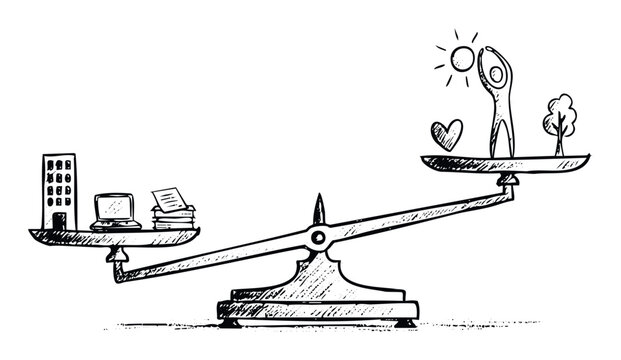 Hand drawn sketch illustrating an unbalanced work life scale where career demands outweigh personal well being and happiness, ideal for business presentations and motivational content