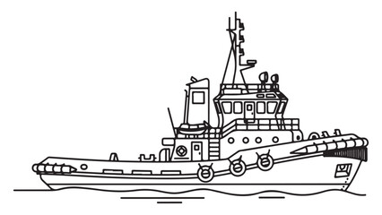 Detailed Line Drawing of a Tugboat on Water © akun