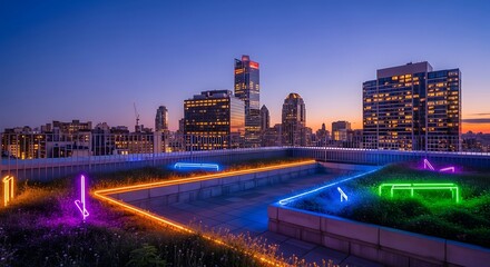 Fototapeta premium Cityscape with Neon Lights at Dusk.