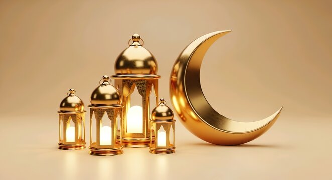 Bulan sabit keemasan dengan lampion untuk perayaan Ramadan atau Idul Fitri.
