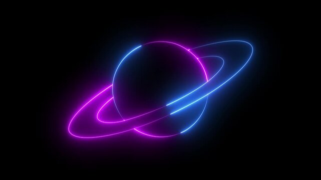 glowing neon cosmic planet icon isolated on black background. planet icon with orbiting rings in glowing lines on futuristic science and technology concepts. 4k video animation.