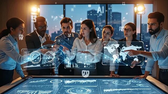 Diverse business team collaborating around a futuristic holographic table interacting with 3D data visualizations in a modern office.