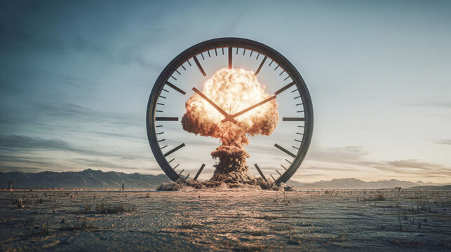 Exploding clock shows a nuclear blast in a desert landscape during sunset