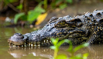 Obraz premium Close-up of a Crocodiles Head Emerging from Murky Water with Green Foliage.