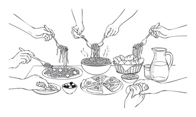 Group of individuals enjoying a delightful Italian dinner, featuring steaming spaghetti, sliced pizza, and assorted bread, illustrating togetherness and shared culinary moments.