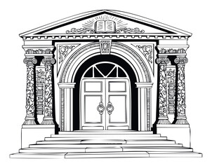 Naklejka premium Black and white line drawing of a classical building entrance featuring columns, an arched door, and steps, suitable for educational materials or architectural design projects.
