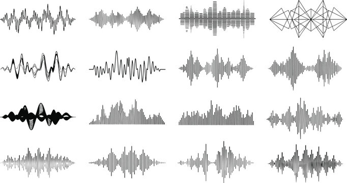 Black sound waveform visualization collection with diverse audio signal patterns, sinusoidal curves, jagged peaks, geometric line designs for sound analysis, editing, and creative projects