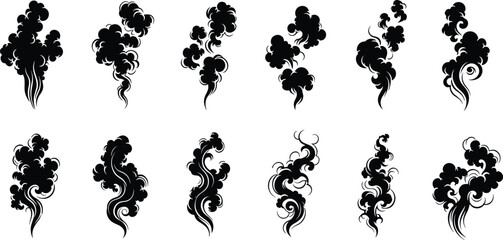 Stylized black smoke and cloud illustrations with swirling East Asian art motifs, decorative tattoo elements, atmospheric effects for graphic design, digital art, and creative projects © IconicCreations