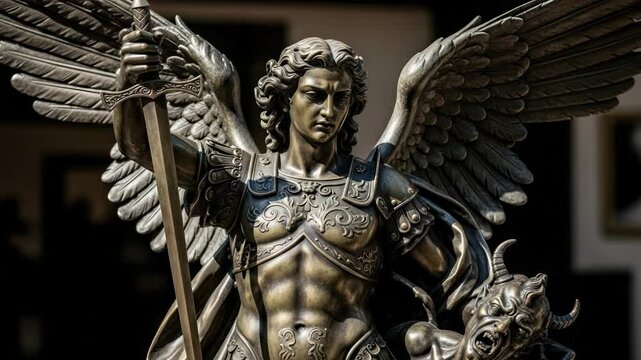 Archangel Michael Statue Crushing Evil Demon, Symbol of Faith, Victory, Protection